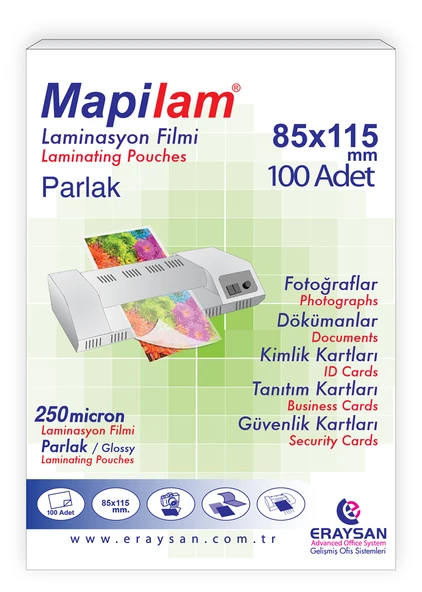 MAPİLAM 250 MİCRON PARLAK LAMİNASYON FİLMİ (BÜYÜK KİMLİK) (85X115) 100 LÜ ürün görseli 1