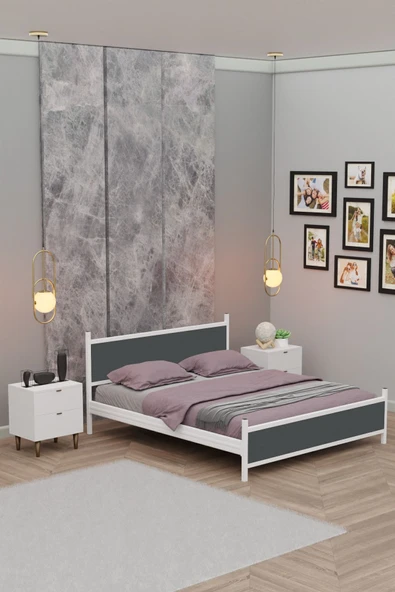 Metalia GM 305 Modern Çift Kişilik Ahşap Metal Beyaz Antrasit Gri Karyola 140X190 ürün görseli 1
