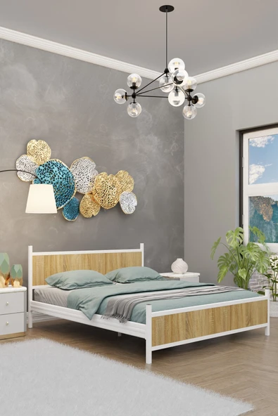 Metalia GM 305 Modern Çift Kişilik Ahşap Metal Beyaz Atlantik Çam Karyola 150X200 ürün görseli 1