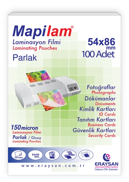 MAPİLAM 150 MİCRON PARLAK LAMİNASYON FİLMİ (KREDİ KARTI) (54X86) 100 LÜ ürün görseli 1