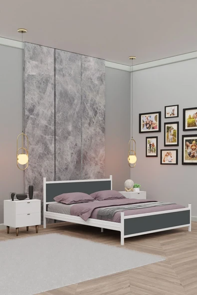 Metalia GM 305 Modern Çift Kişilik Ahşap Metal Beyaz Antrasit Gri Karyola 160X200 ürün görseli 1