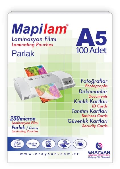 MAPİLAM 250 MİCRON PARLAK LAMİNASYON FİLMİ (A5) 100 LÜ ürün görseli 1
