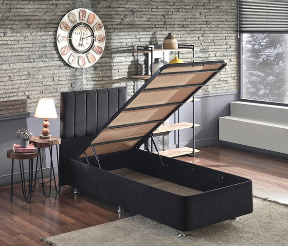 Niron Ela Baza ve Başlık Seti - 90x200 cm Tek Kişilik Siyah Kumaş Baza ve Başlığı Silinebilir Soho Kumaş ürün görseli 1