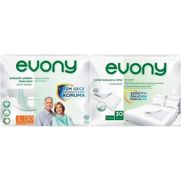 Evony Yetişkin Bezi Bel Bantlı Tekstil Yüzey L-Büyük 30 Adet + Yatak Koruyucu Örtü 30 Adet ürün görseli 1