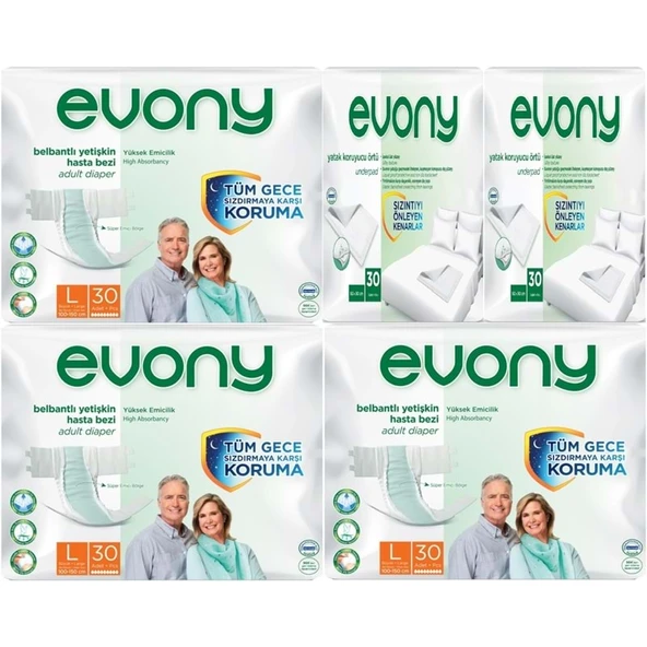 Evony Yetişkin Bezi Bel Bantlı Tekstil Yüzey L-Büyük 90 Adet + Yatak Koruyucu Örtü 60 Adet ürün görseli 1