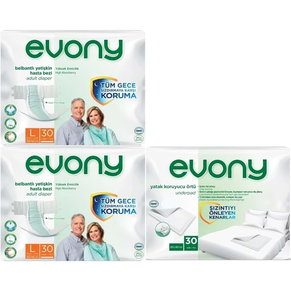 Evony Yetişkin Bezi Bel Bantlı Tekstil Yüzey L-Büyük 60 Adet + Yatak Koruyucu Örtü 30 Adet ürün görseli 1
