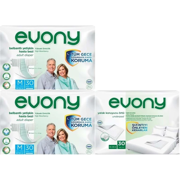 Evony Yetişkin Bezi Bel Bantlı Tekstil Yüzey Orta 60 Adet + Yatak Koruyucu Örtü 30 Adet ürün görseli 1
