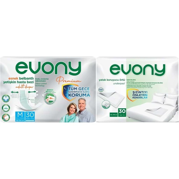Evony Premium Yetişkin Bezi Bel Bantlı Tekstil Yüzey Orta 30 Adet+ Yatak Koruyucu Örtü 30 Adet ürün görseli 1