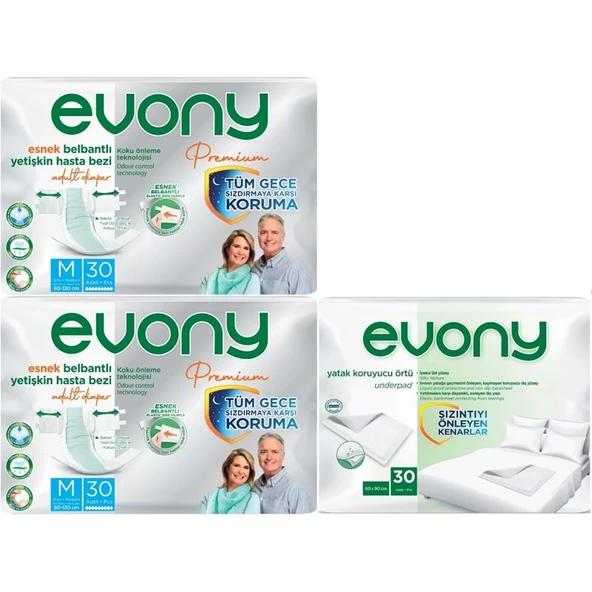 Evony Premium Yetişkin Bezi Bel Bantlı Tekstil Yüzey Orta 60 Adet+ Yatak Koruyucu Örtü 30 Adet ürün görseli 1
