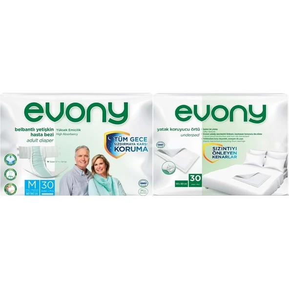 Evony Yetişkin Bezi Bel Bantlı Tekstil Yüzey Orta 30 Adet + Yatak Koruyucu Örtü 30 Adet ürün görseli 1