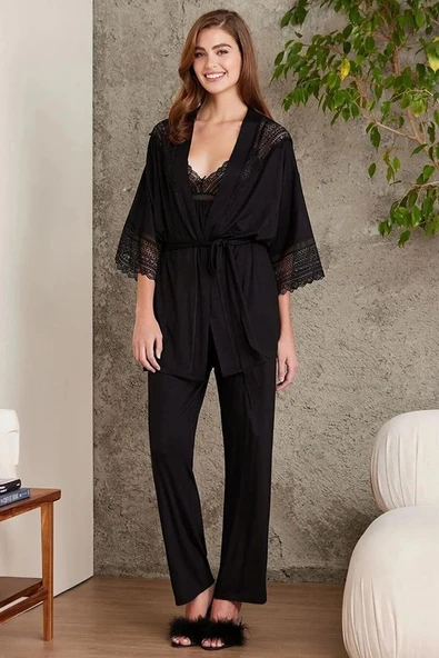 Pierre Cardin 2820 Kadın siyah Dantelli Penye 3'lü Sabahlıklı Pijama Takım ürün görseli 1