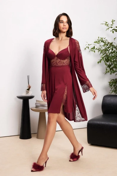 Pierre Cardin Bordo 6'lı Modal Gecelik Sabahlık Çeyiz Seti 5000 ürün görseli 1