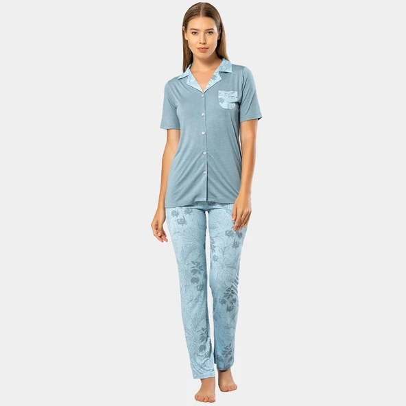 Türen Yaprak Desenli Kisa Kol Pijama 3376/Mavi ürün görseli 1