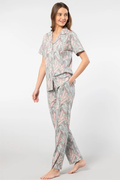 Türen Yaprak Desenli Kisa Kollu Gömlek Yaka Pijama Takimi 3395/Gri ürün görseli 1