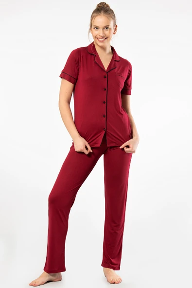 Kadin Düz Kisa Kollu Gömlek Yaka Pijama Takimi 3368/Bordo ürün görseli 1