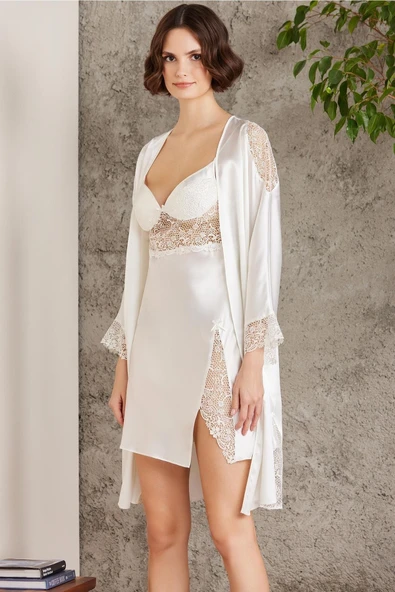 Pierre Cardin Saten Gecelik Sabahlık Pijama Şort 6'lı Gelin Takım 6000 Ekru ürün görseli 1