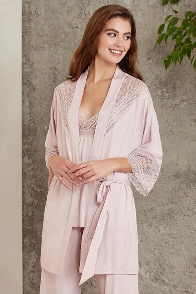 Pierre Cardin 2820 Kadın Pudra Dantelli Penye 3'lü Sabahlıklı Pijama Takım ürün görseli 1