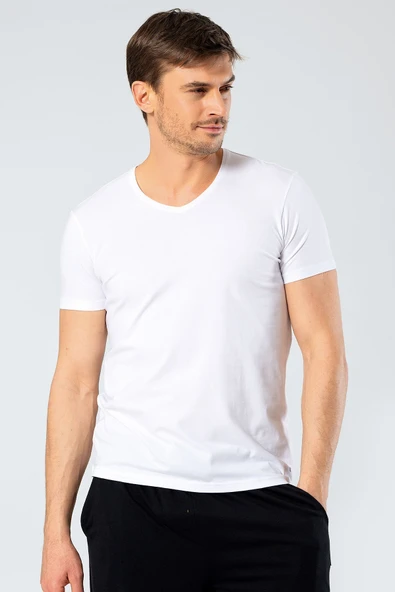 Cacharel Erkek V Yaka Likrali T-shirt 1332/Beyaz ürün görseli 1