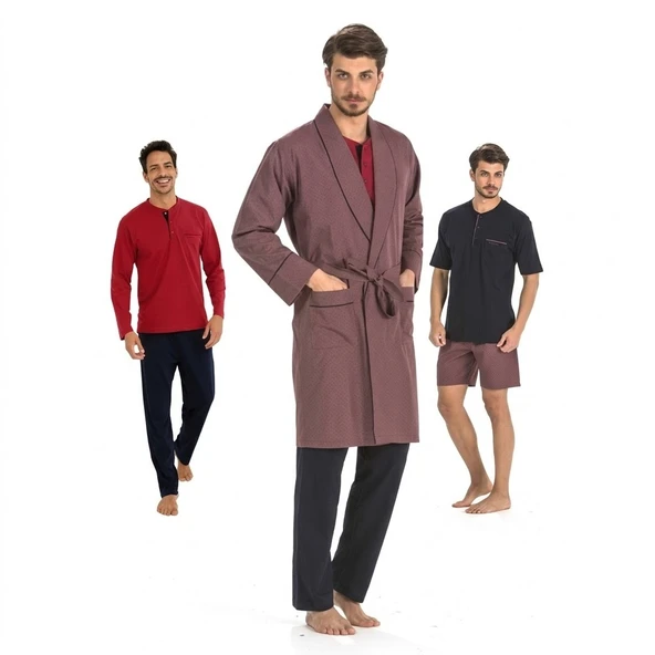 Pierre Cardin 5li Penye Robdöşambr Damat Pijama Set 5560 Bordo ürün görseli 1