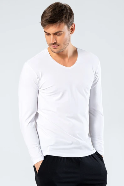 Cacharel Erkek V Yaka Uzun Kollu T-Shirt 1334/Beyaz ürün görseli 1