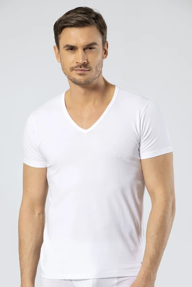 Cacharel Erkek Derin V Yaka Likrali T-shirt 1306/Beyaz ürün görseli 1