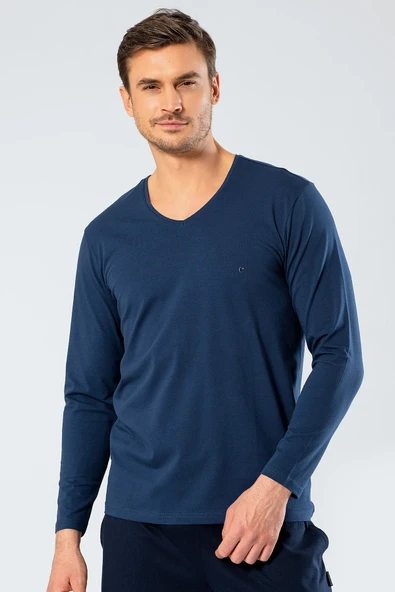 Cacharel Erkek V Yaka Uzun Kollu T-Shirt 1334/İndigo ürün görseli 1