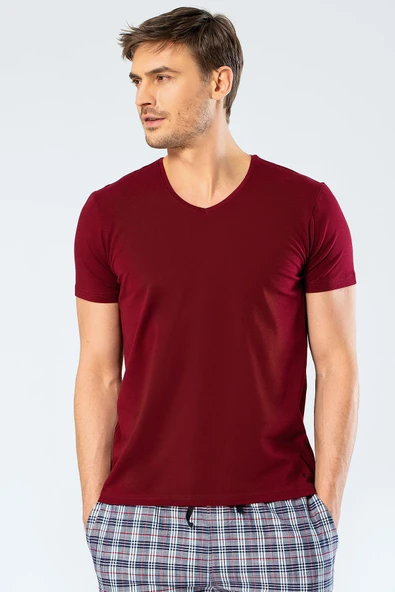 Cacharel Erkek V Yaka Likrali T-shirt 1332/Bordo ürün görseli 1