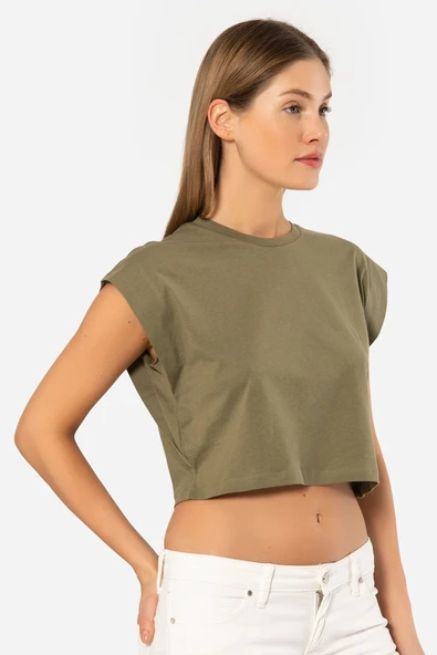 Türen Kadin Vatka Görünümlü Crop T-shirt 3402/Haki ürün görseli 1