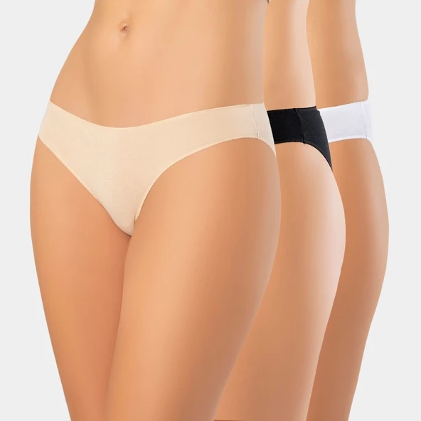 Türen Kadin Likrali Dikissiz 3'lü Pamuklu Bikini Külot 924/Beyaz-Siyah-Ten ürün görseli 1