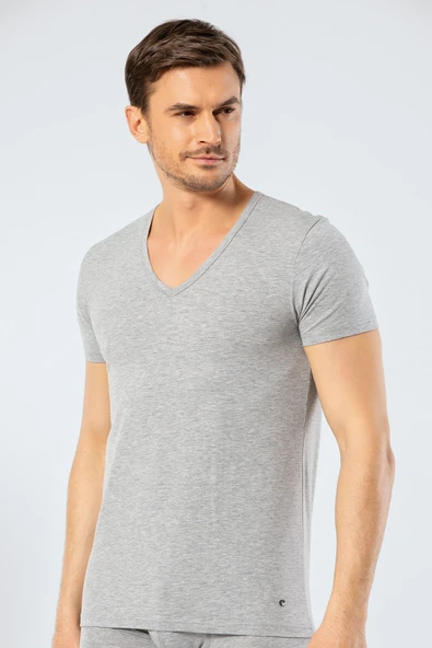 Cacharel Erkek Derin V Yaka Likrali T-shirt 1306/Gri ürün görseli 1