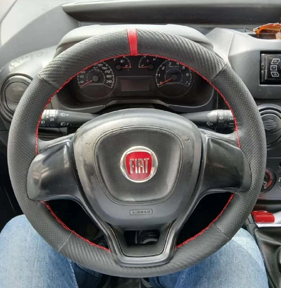 DİKİŞLİ DİREKSİYON KILIFI KARBON DERİ NOKTALI DERİ KIRMIZI YÜZÜK KIRMIZI DİKİŞLİ FIAT DOBLO İÇİN ürün görseli 1