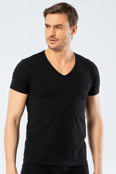 Cacharel Erkek Derin V Yaka Likrali T-shirt 1306/Siyah ürün görseli 1