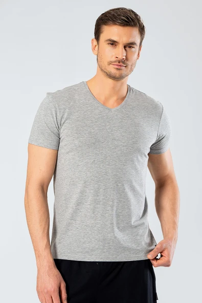 Cacharel Erkek V Yaka Likrali T-shirt 1332/Gri ürün görseli 1