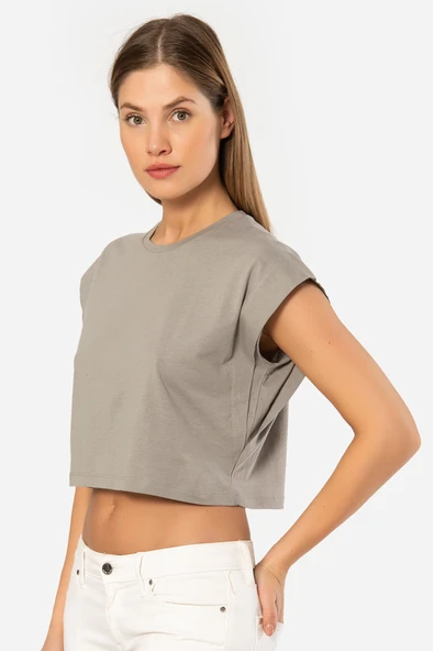 Türen Kadin Vatka Görünümlü Crop T-shirt 3402/Gri ürün görseli 1