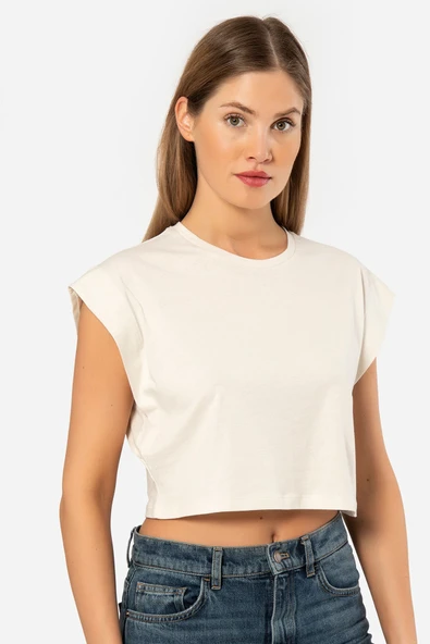Türen Kadin Vatka Görünümlü Crop T-shirt 3402/Krem ürün görseli 1