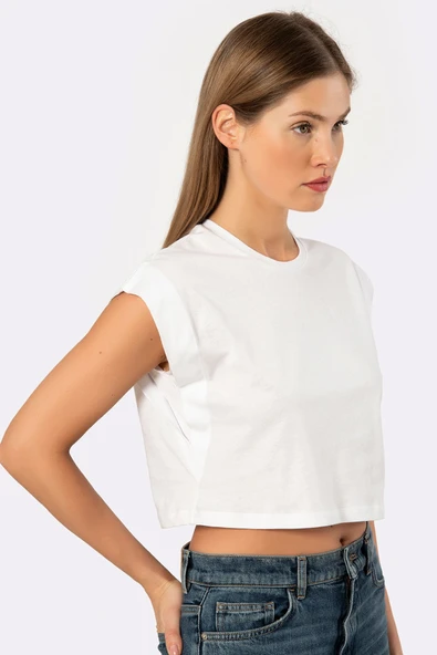 Türen Kadin Vatka Görünümlü Crop T-shirt 3402/Beyaz ürün görseli 1