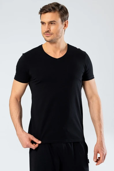Cacharel Erkek V Yaka Likrali T-shirt 1332/Siyah ürün görseli 1