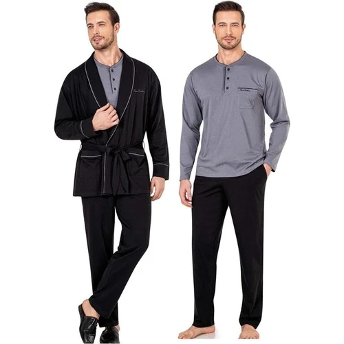 Pierre Cardin 5605 3'lü Röpteşambır Pijama Seti - Siyah ürün görseli 1