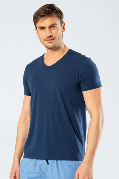 Cacharel Erkek V Yaka Likrali T-shirt 1332/İndigo ürün görseli 1