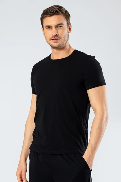 Cacharel Erkek Bisiklet Yaka Likralı T-shirt Siyah 1331/ Siyah ürün görseli 1