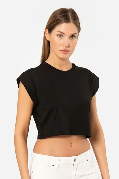 Türen Kadin Vatka Görünümlü Crop T-shirt 3402/Siyah ürün görseli 1