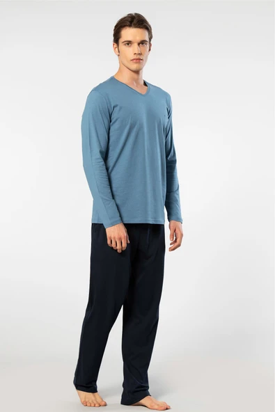 Cacharel Erkek V Yaka Uzun Kollu Modal Pijama Takimi 2237/İndigo ürün görseli 1
