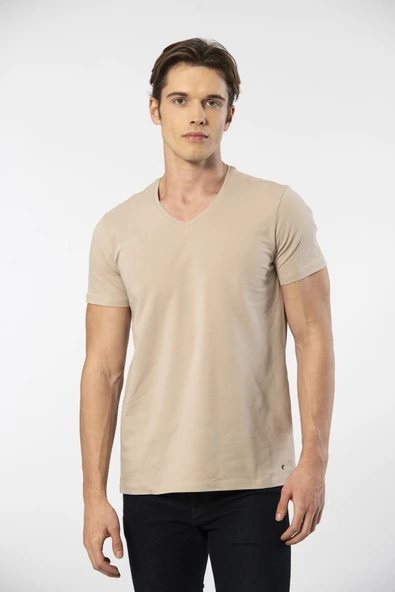Cacharel Erkek V Yaka Likralı T-shirt 1332/bej ürün görseli 1