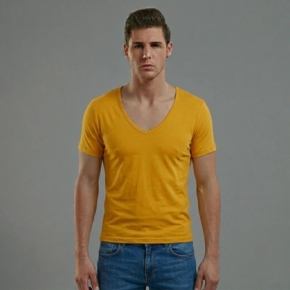 Doreanse Erkek Modal Derin V Yaka Kısa Kol T Shirt 2820 Sarı ürün görseli 1