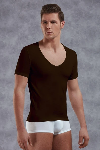 Doreanse Erkek Modal Derin V Yaka Kısa Kol T Shirt 2820 Kahve ürün görseli 1