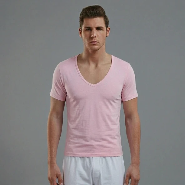 Doreanse Erkek Modal Derin V Yaka Kısa Kol T Shirt 2820 pembe ürün görseli 1