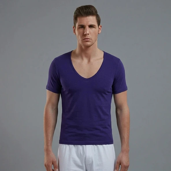 Doreanse Erkek Modal Derin V Yaka Kısa Kol T Shirt 2820 Mor ürün görseli 1