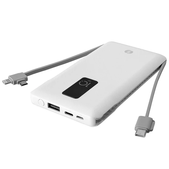 S-link 10000mAh Lightning+Micro+Type C Kablolu Powerbank Beyaz LCDli ürün görseli 1