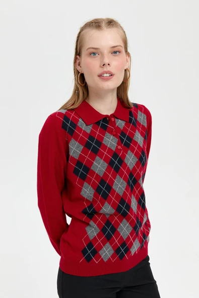 Desen Kadın Kazak - Polo Yaka Uzun Kol Minimalist Argyle Desen ürün görseli 1