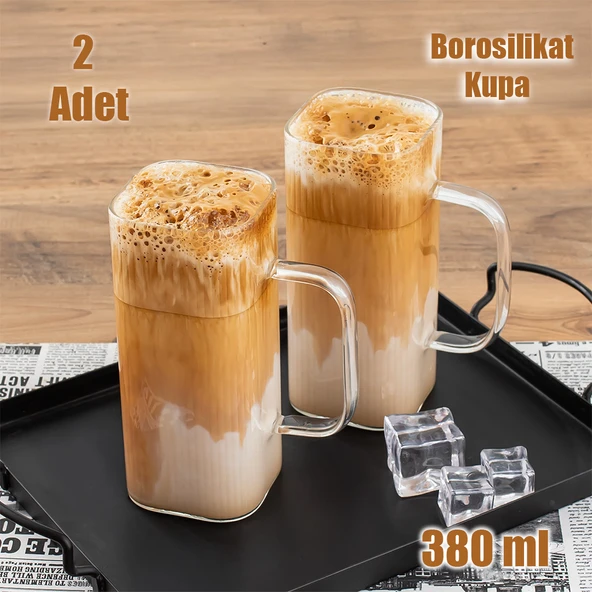 Porsima 2'li Borosilikat Isıya Dayanıklı Latte Bardağı Su Bardağı Sunumluk Cam Kupa Bardak 2 Adet 380 ml ürün görseli 1